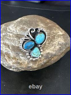 Blue Turquoise Navajo Sterling Silver Cluster Ring Size 8.5 14837