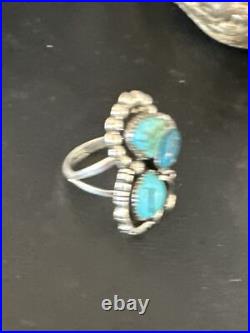 Blue Turquoise Navajo Sterling Silver Cluster Ring Size 8.5 14837