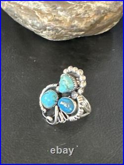 Blue Turquoise Navajo Sterling Silver Cluster Ring Size 8.5 14837