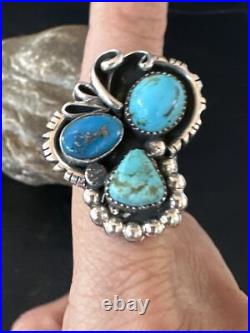 Blue Turquoise Navajo Sterling Silver Cluster Ring Size 8.5 14837