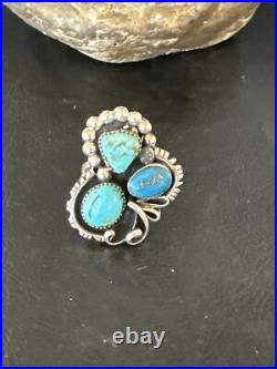 Blue Turquoise Navajo Sterling Silver Cluster Ring Size 8.5 14837