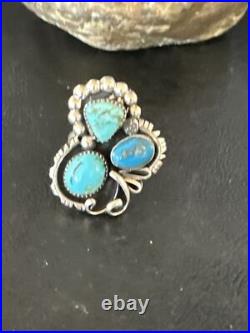 Blue Turquoise Navajo Sterling Silver Cluster Ring Size 8.5 14837