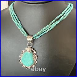 Blue Turquoise Pendant Navajo Pearls Sterling Silver 3S Bead Necklace 17 15996