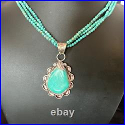 Blue Turquoise Pendant Navajo Pearls Sterling Silver 3S Bead Necklace 17 15996