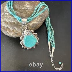 Blue Turquoise Pendant Navajo Pearls Sterling Silver 3S Bead Necklace 17 15996