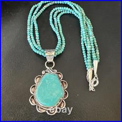 Blue Turquoise Pendant Navajo Pearls Sterling Silver 3S Bead Necklace 17 15996