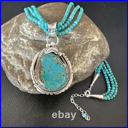 Blue Turquoise Pendant Navajo Pearls Sterling Silver 3S Bead Necklace 17 15997
