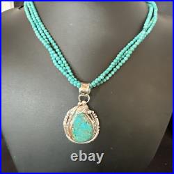 Blue Turquoise Pendant Navajo Pearls Sterling Silver 3S Bead Necklace 17 15997