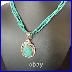 Blue Turquoise Pendant Navajo Pearls Sterling Silver 3S Bead Necklace 17 15997