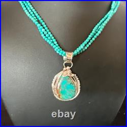Blue Turquoise Pendant Navajo Pearls Sterling Silver 3S Bead Necklace 17 15997