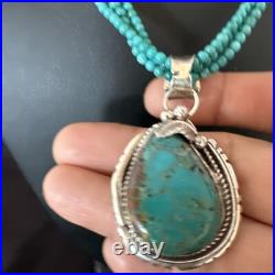 Blue Turquoise Pendant Navajo Pearls Sterling Silver 3S Bead Necklace 17 15997