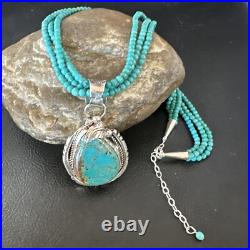 Blue Turquoise Pendant Navajo Pearls Sterling Silver 3S Bead Necklace 17 15997