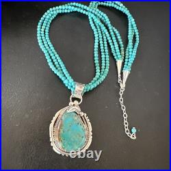 Blue Turquoise Pendant Navajo Pearls Sterling Silver 3S Bead Necklace 17 15997