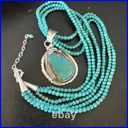 Blue Turquoise Pendant Navajo Pearls Sterling Silver 3S Bead Necklace 17 15997