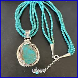 Blue Turquoise Pendant Navajo Pearls Sterling Silver 3S Bead Necklace 17 15997