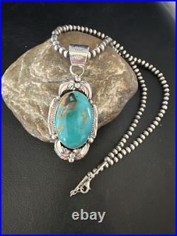 Blue Turquoise Pendant Navajo Pearls Sterling Silver Necklace 14879