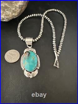 Blue Turquoise Pendant Navajo Pearls Sterling Silver Necklace 14879