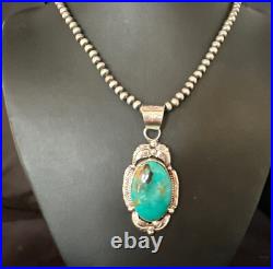 Blue Turquoise Pendant Navajo Pearls Sterling Silver Necklace 14879