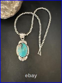 Blue Turquoise Pendant Navajo Pearls Sterling Silver Necklace 14879