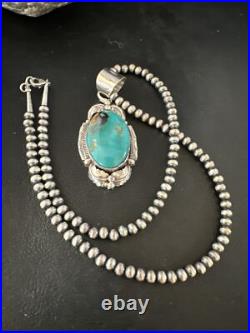 Blue Turquoise Pendant Navajo Pearls Sterling Silver Necklace 14879