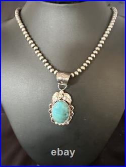 Blue Turquoise Pendant Navajo Pearls Sterling Silver Necklace 14881
