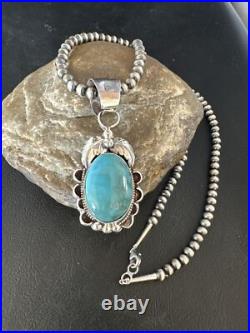 Blue Turquoise Pendant Navajo Pearls Sterling Silver Necklace 14881