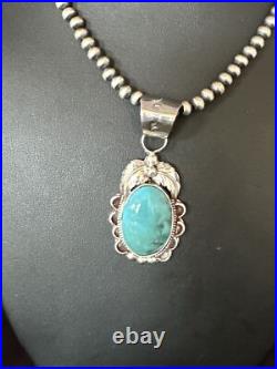 Blue Turquoise Pendant Navajo Pearls Sterling Silver Necklace 14881