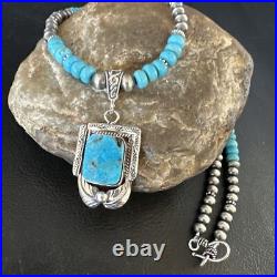 Blue Turquoise Pendant Navajo Pearls Sterling Silver Necklace 15420