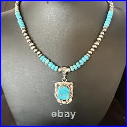 Blue Turquoise Pendant Navajo Pearls Sterling Silver Necklace 15420