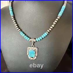 Blue Turquoise Pendant Navajo Pearls Sterling Silver Necklace 15420
