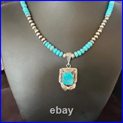 Blue Turquoise Pendant Navajo Pearls Sterling Silver Necklace 15420