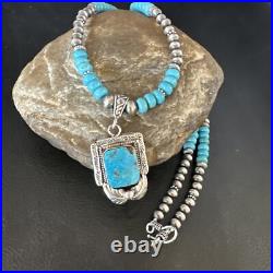 Blue Turquoise Pendant Navajo Pearls Sterling Silver Necklace 15420