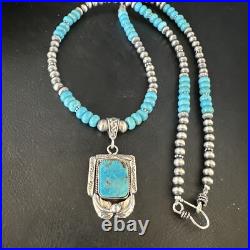 Blue Turquoise Pendant Navajo Pearls Sterling Silver Necklace 15420