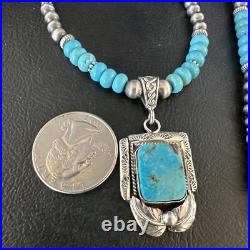 Blue Turquoise Pendant Navajo Pearls Sterling Silver Necklace 15420