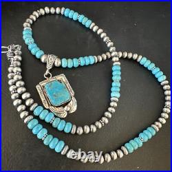 Blue Turquoise Pendant Navajo Pearls Sterling Silver Necklace 15420
