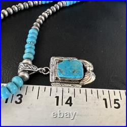 Blue Turquoise Pendant Navajo Pearls Sterling Silver Necklace 15420