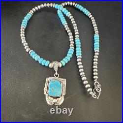 Blue Turquoise Pendant Navajo Pearls Sterling Silver Necklace 15420