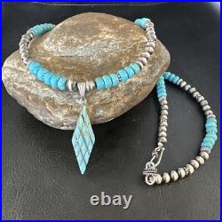 Blue Turquoise Pendant Navajo Pearls Sterling Silver Necklace 15421