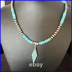 Blue Turquoise Pendant Navajo Pearls Sterling Silver Necklace 15421