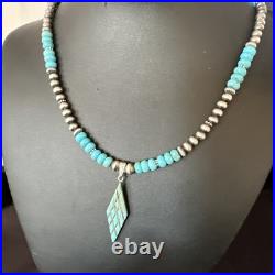 Blue Turquoise Pendant Navajo Pearls Sterling Silver Necklace 15421
