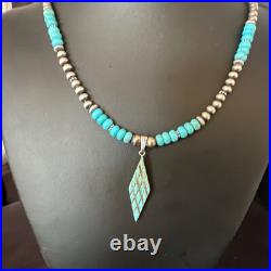 Blue Turquoise Pendant Navajo Pearls Sterling Silver Necklace 15421