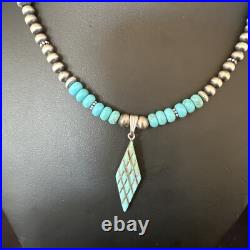 Blue Turquoise Pendant Navajo Pearls Sterling Silver Necklace 15421