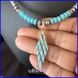Blue Turquoise Pendant Navajo Pearls Sterling Silver Necklace 15421