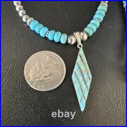 Blue Turquoise Pendant Navajo Pearls Sterling Silver Necklace 15421