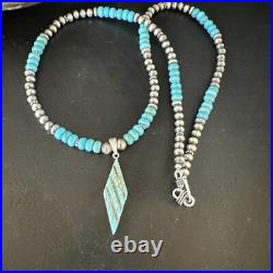 Blue Turquoise Pendant Navajo Pearls Sterling Silver Necklace 15421