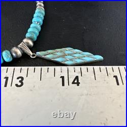 Blue Turquoise Pendant Navajo Pearls Sterling Silver Necklace 15421