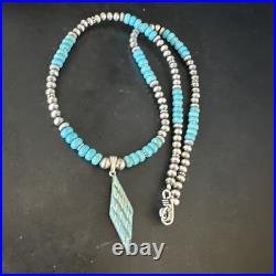 Blue Turquoise Pendant Navajo Pearls Sterling Silver Necklace 15421