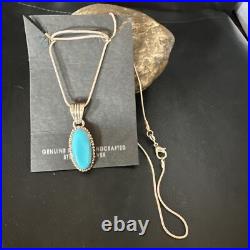 Blue Turquoise Pendant Navajo Sterling Silver Chain Necklace 20 12601