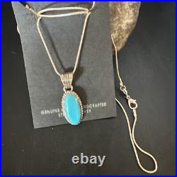 Blue Turquoise Pendant Navajo Sterling Silver Chain Necklace 20 12601