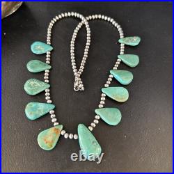Blue Turquoise Teardrop Navajo Pearls Sterling Silver Necklace 14387
